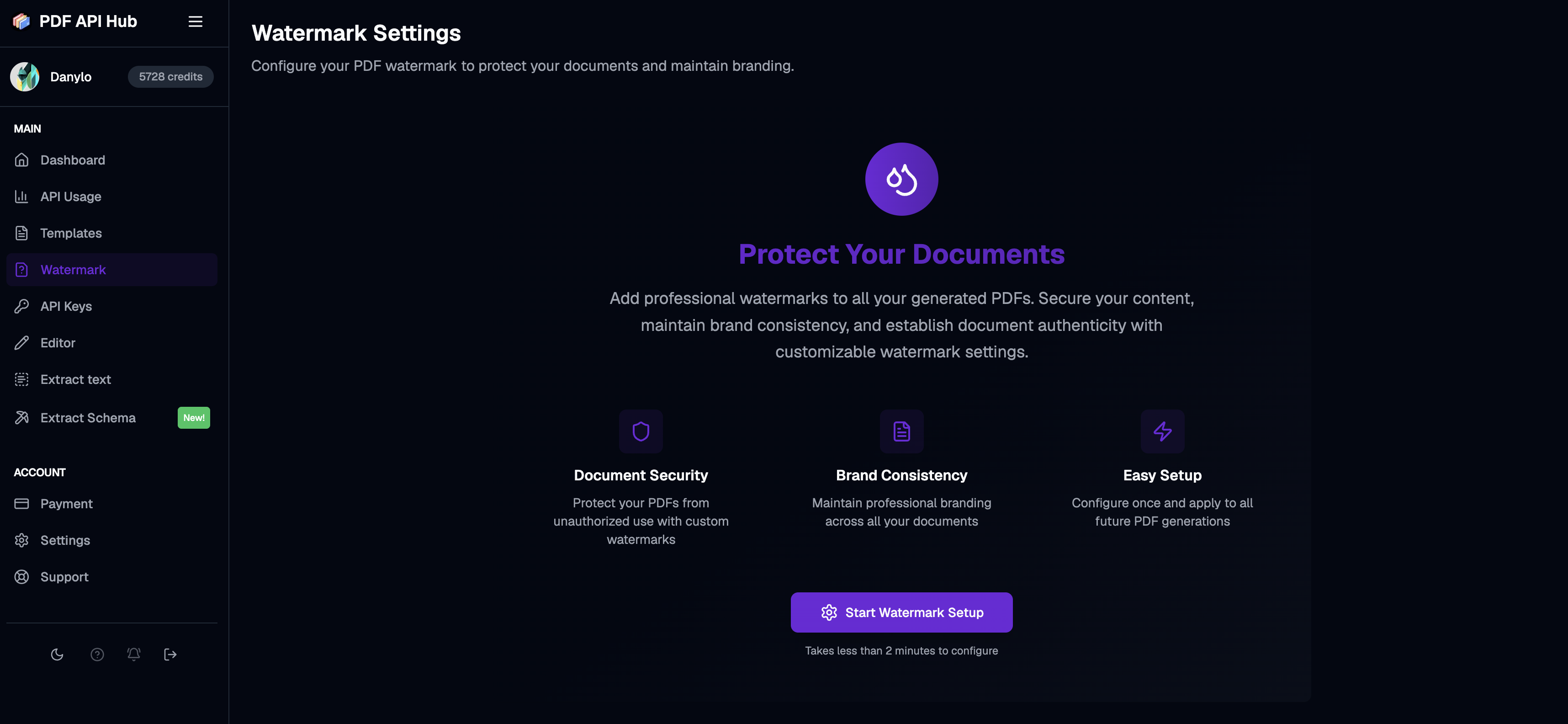 PrefillPDF watermark configuration dashboard in dark mode