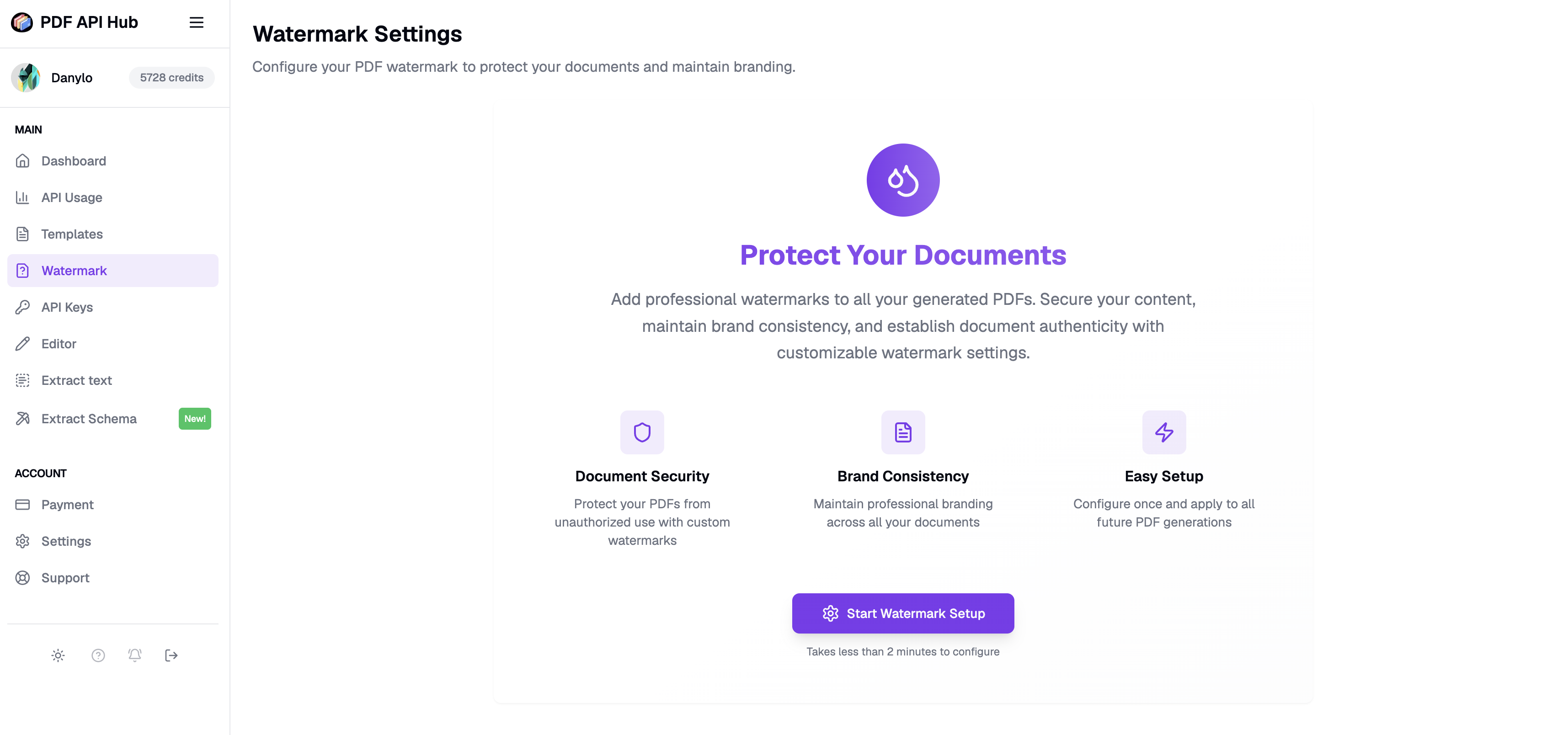 PrefillPDF watermark configuration dashboard