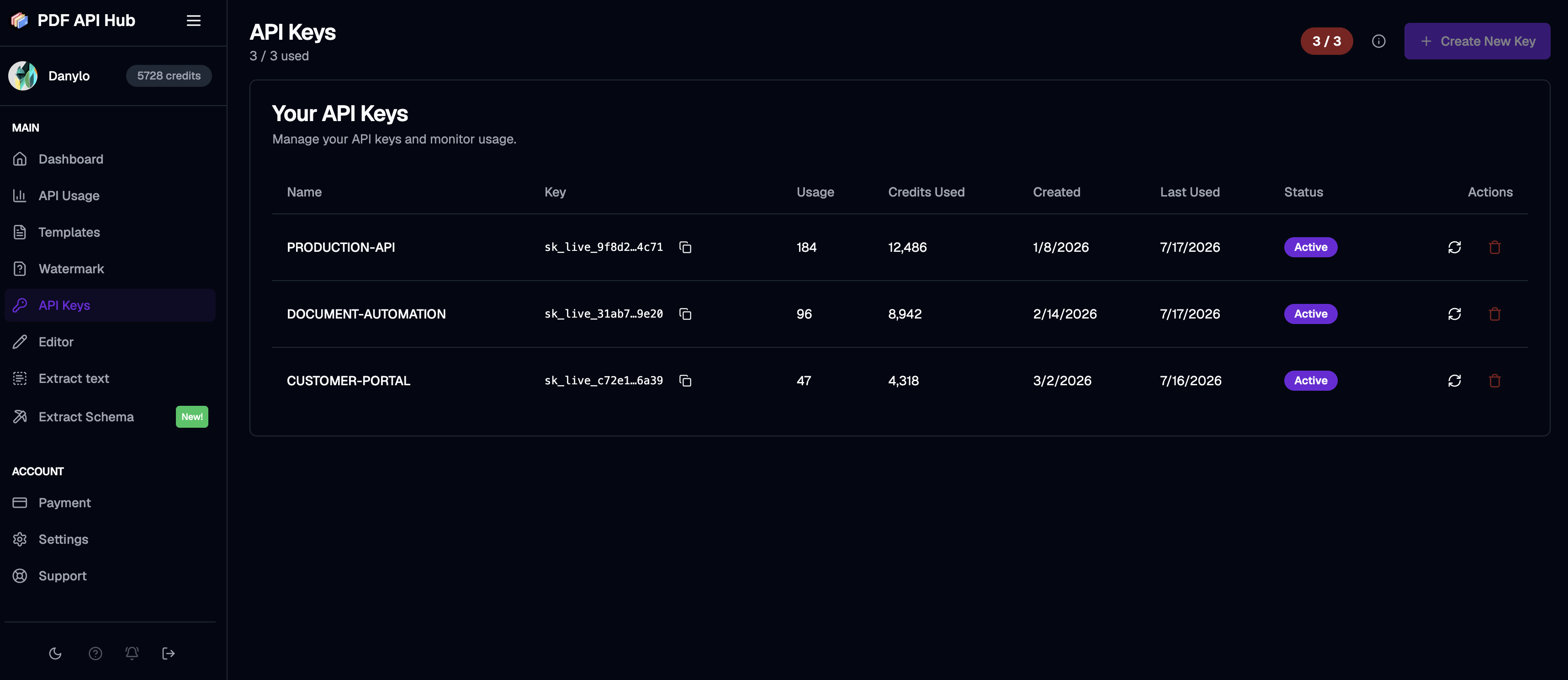 PrefillPDF API key management dashboard in dark mode